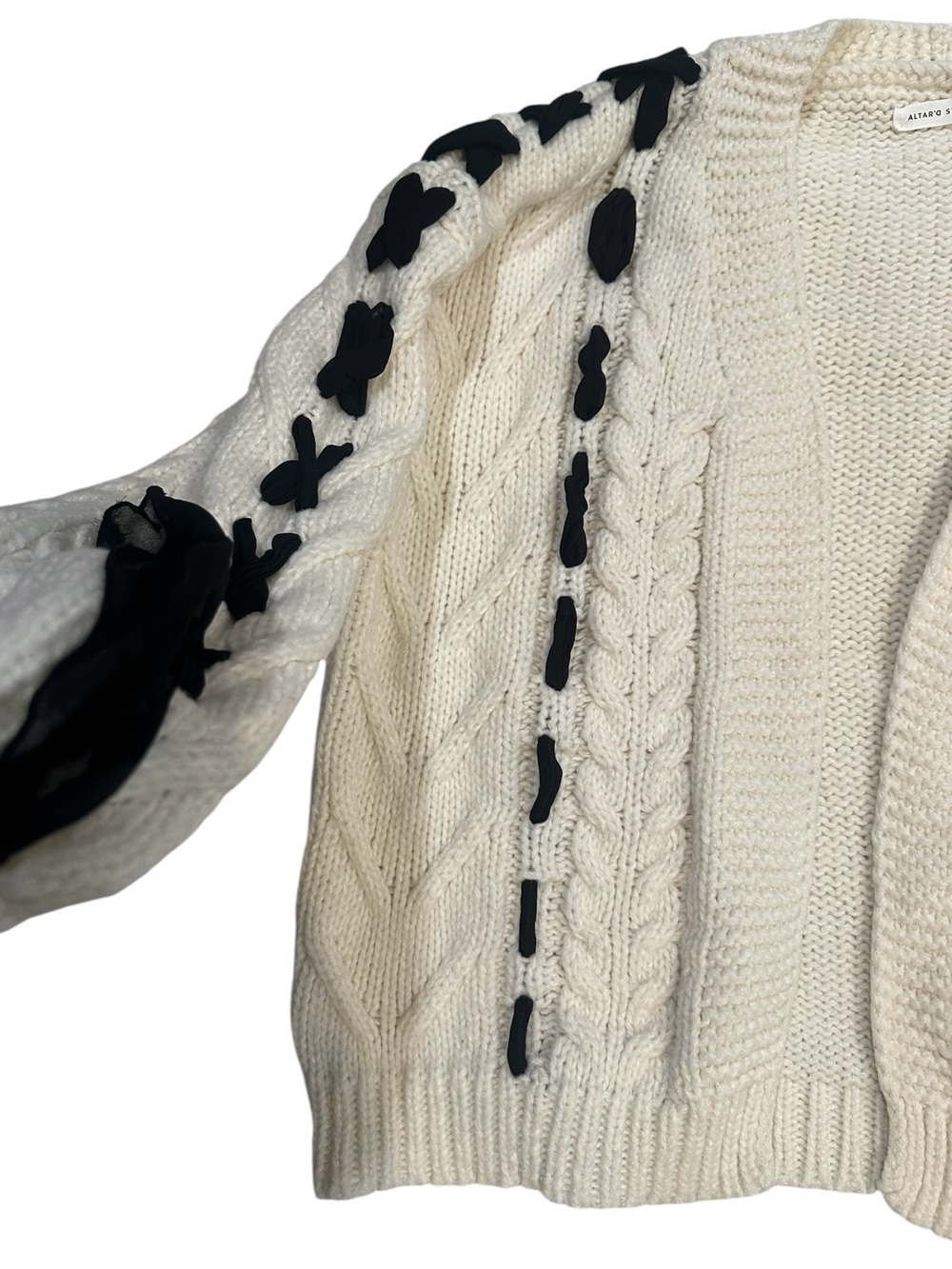 altar’d state cream cable knit cardigan with black ribbon lace along the sleeves - Picture 3 of 6